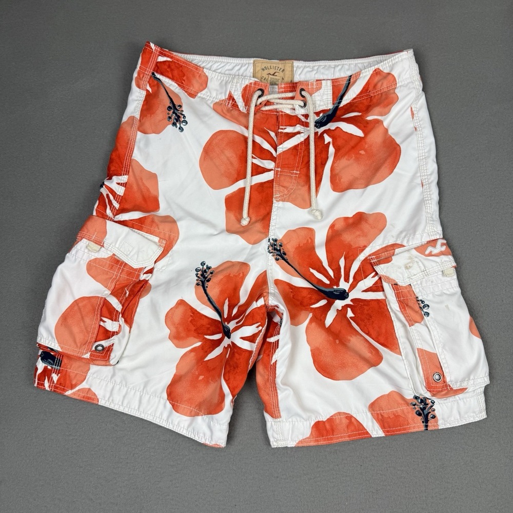 Y2k Vintage Hollister Floral Swim Cargo Board Shorts Men L White Orange Hawaiian